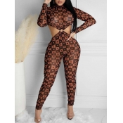 Lovely Sweet Geometric Print Hollow-out Brown One-