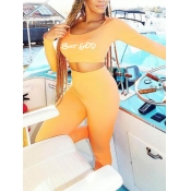 Lovely Casual U Neck Letter Print Orange Two Piece