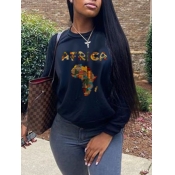 Lovely Casual Africa Letter Print Black Plus Size 