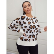Lovely Casual O Neck Hollow-out Leopard Print Swea