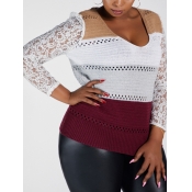 Lovely Trendy V Neck Lace Patchwork Wine Red Sweat