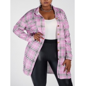 Lovely Trendy Turndown Collar Grid Print Pink Coat