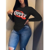 Lovely Sportswear O Neck Letter Print Black T-shir