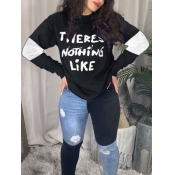 LW Casual O Neck Letter Print Patchwork Black Hood