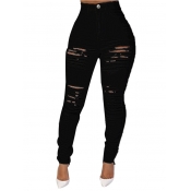 LW Trendy High Waist Broken Holes Pitch-black Jean