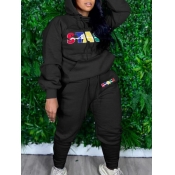 LW Plus Size Casual Hooded Collar Letter Print Bla