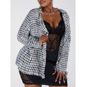 Lovely Casual Turndown Collar Plaid Grey Plus Size