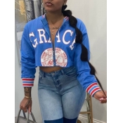 LW BASICS Casual Mandarin Collar Letter Print Zipp