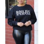 Lovely Casual O Neck Letter Print Black Hoodie