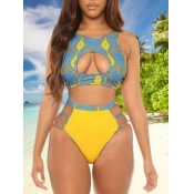 LW Sexy Floral Print Hollow-out Blue Two-piece Swi