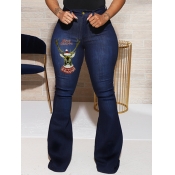 Lovely Trendy Animal Print Flared Deep Blue Jeans