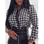 Lovely Formal Plaid Print Button Design Black Blou