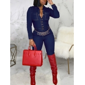 LW BASICS Stylish Button Design Deep Blue Denim On