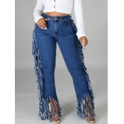 Lovely Casual High-waisted Tassel Design Blue Jean