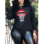Lovely Casual O Neck Lip Print Black Hoodie