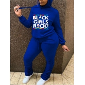 Lovely Casual Hooded Collar Letter Print Blue Plus