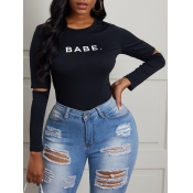 Lovely Casual O Neck Letter Letter Print Hollow-ou