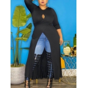 Lovely Plus Size Casual O Neck Hollow-out Black T-