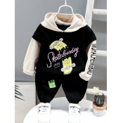 Lovely Casual Hooded Collar Print Patchwork Black 