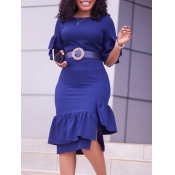 Lovely Work O Neck Ruffle Asymmetrical Blue Knee L