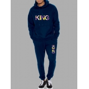 LW Men Street Hooded Collar Letter Print Navy Blue