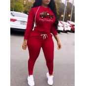 Lovely Trendy Christmas Day Car Print Red Two Piec