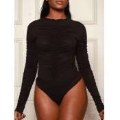 Lovely Casual O Neck Fold Design Black Bodysuit