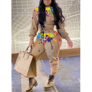 

LW Casual Hooded Collar Tie Dye Cream-colored Two Piece Pants Set
