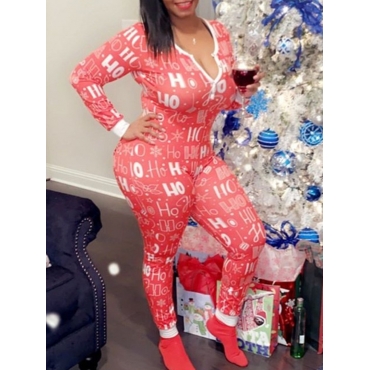 

LW Christmas Letter Print Skinny Jumpsuit, Red
