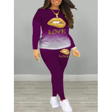 

LW Casual Lip Print Gradual Purple Two Piece Pants Set