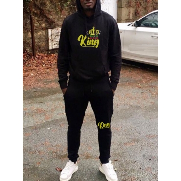 

LW Men Hooded Collar King Letter Print Oversized Pants Set, Black