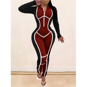 

LW BASICS Hooded Collar Patchwork Pants Set, Red