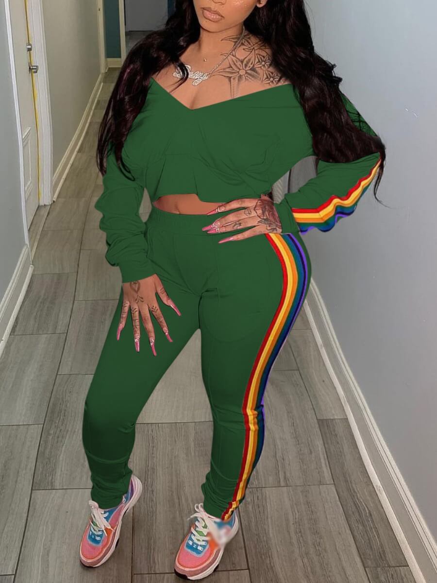 

Lovely Sportswear V Neck Striped Patchwork Army Green Two Piece Pants Set