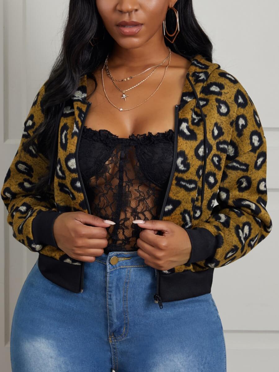 

Lovely Chic Hooded Collar Leopard Print Khaki Coat