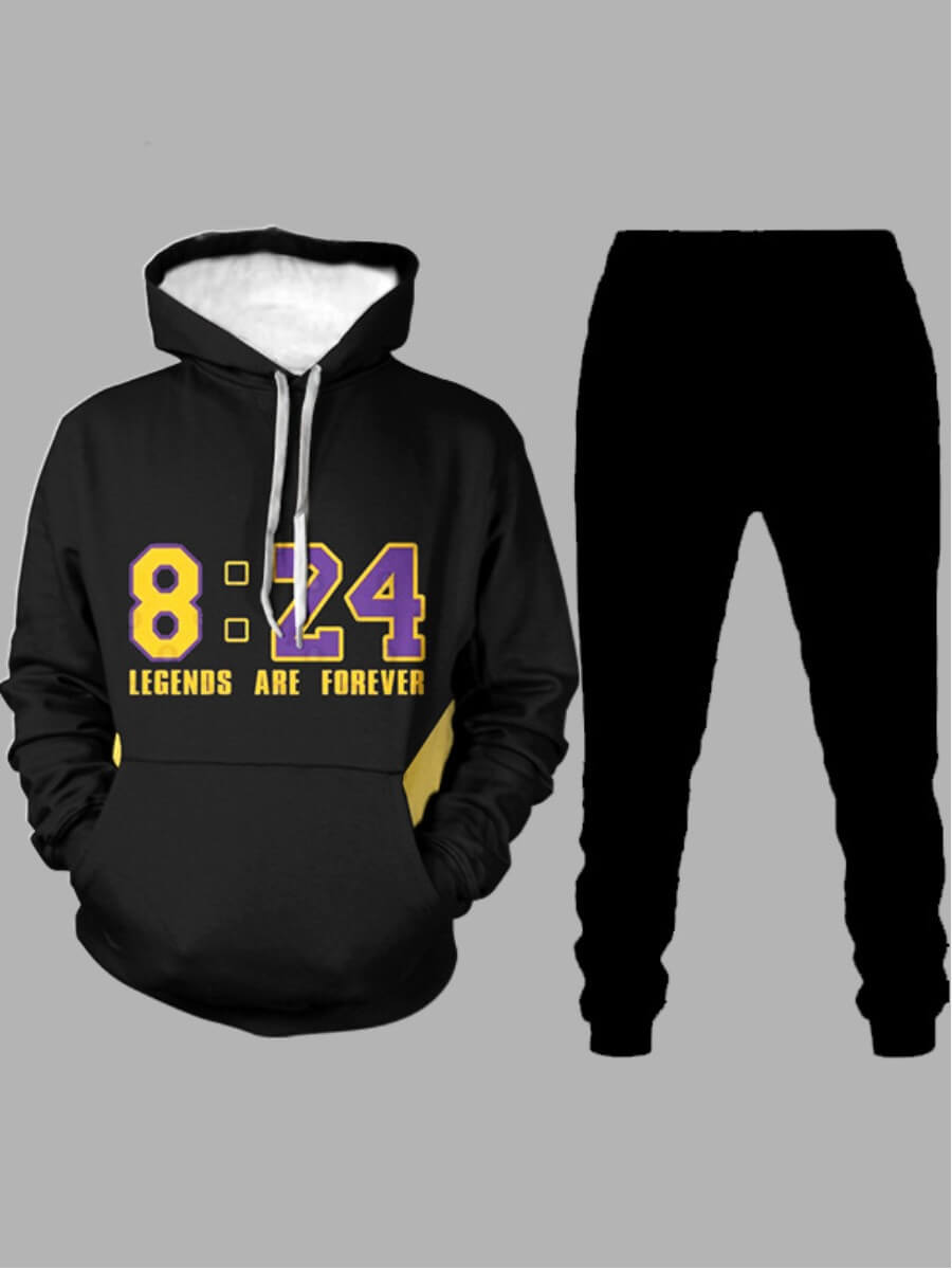 

Lovely Trendy Letter Print Kangaroo Pocket Black Men Two Piece Pants Set