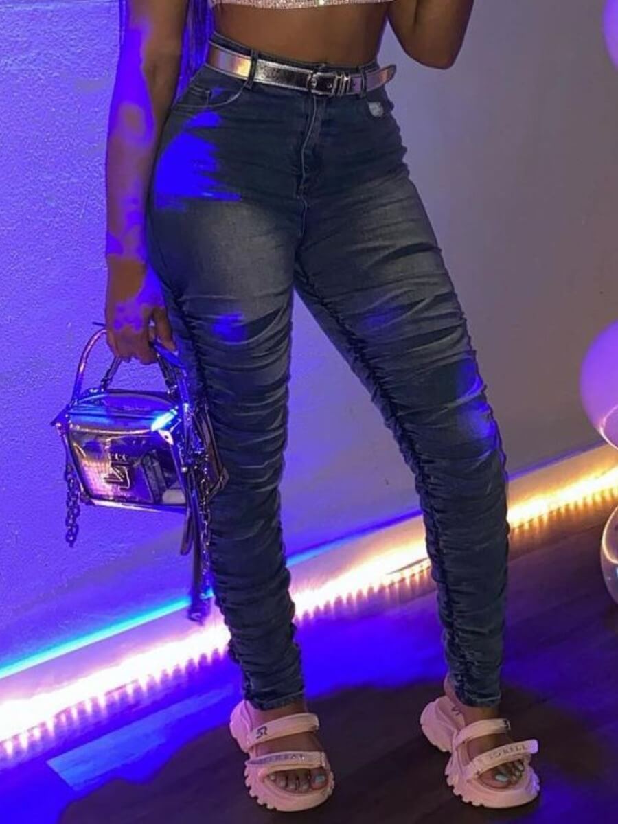 

Lovely Casual High-waisted Fold Design Blue Jeans