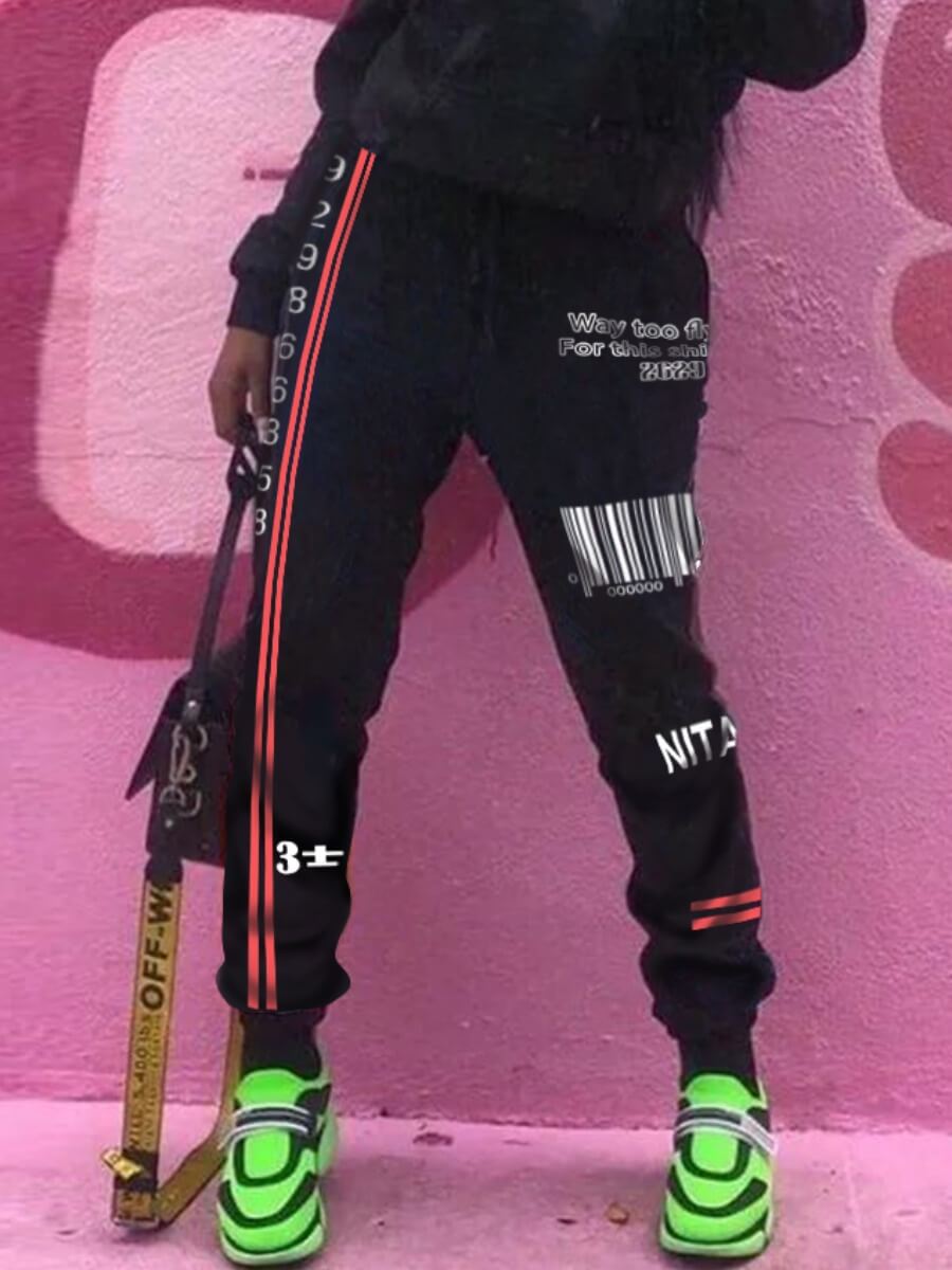 

Lovely Street Letter Print Patchwork Black Pants