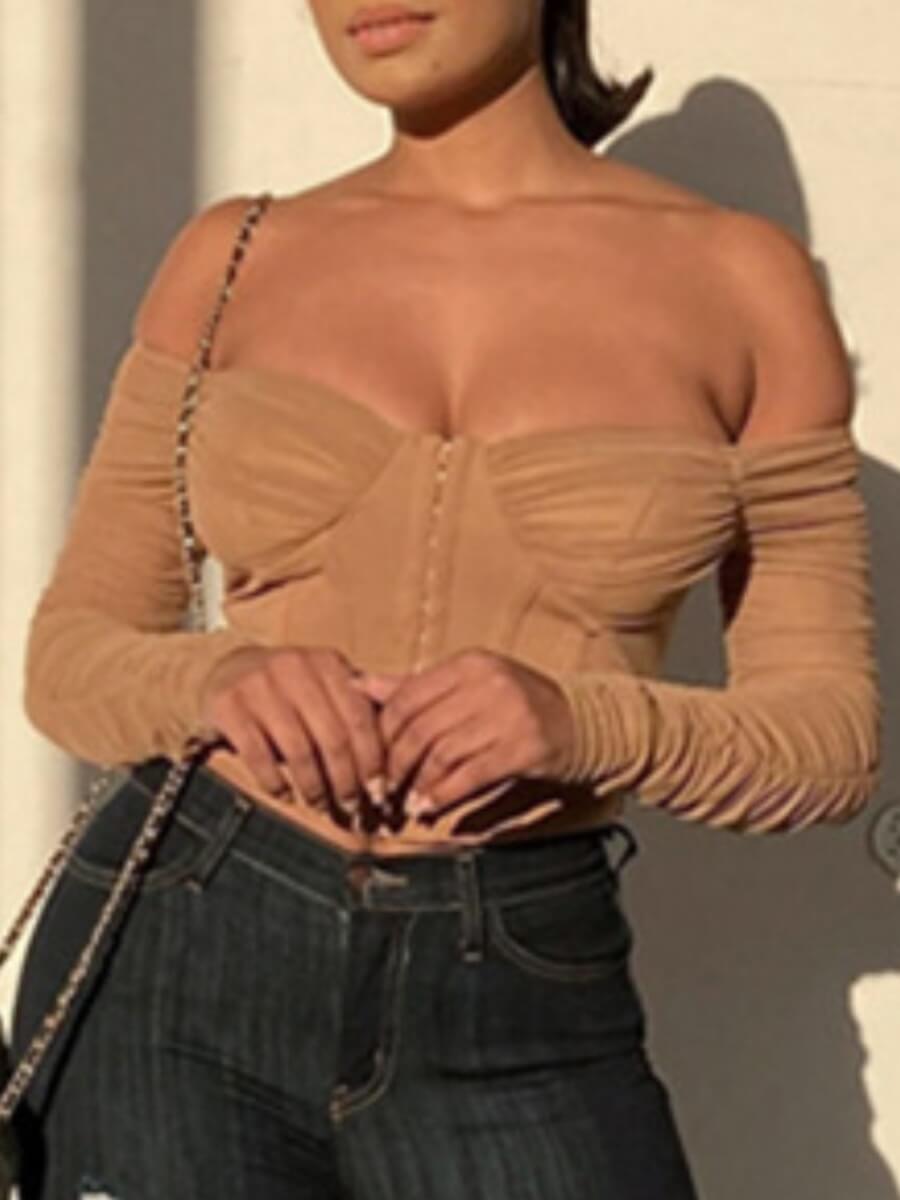 

Lovely Sexy Off The Shoulder Fold Design Light Tan Blouse