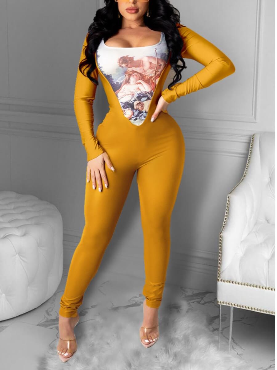 

Lovely Sexy Print Patchwork Skinny Yellow One-piece Jumpsuit