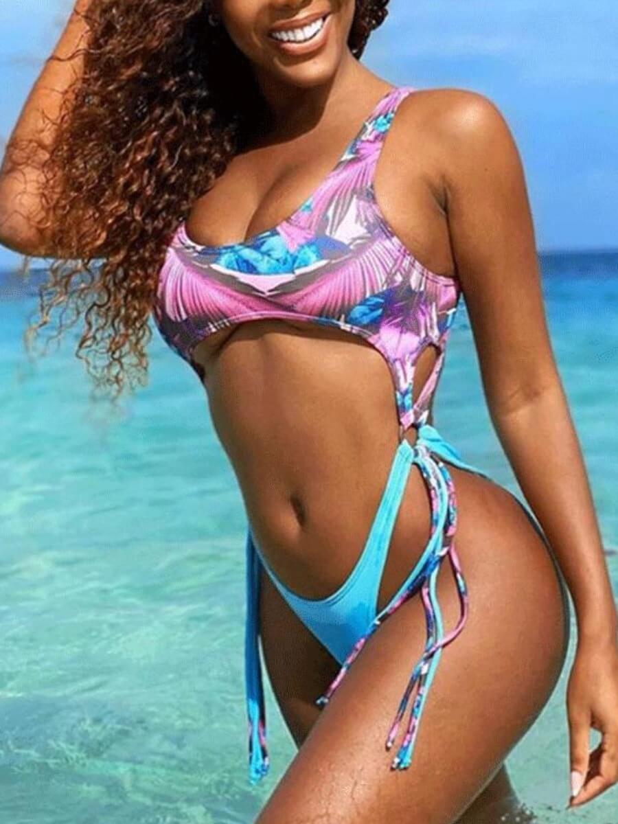 

Lovely Sexy Print Hollow-out Rose Red One-piece Swimsuit