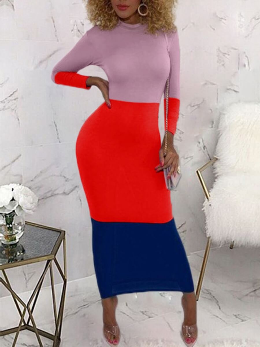 

Lovely Sweet O Neck Color-lump Patchwork Red Mid Calf Dress