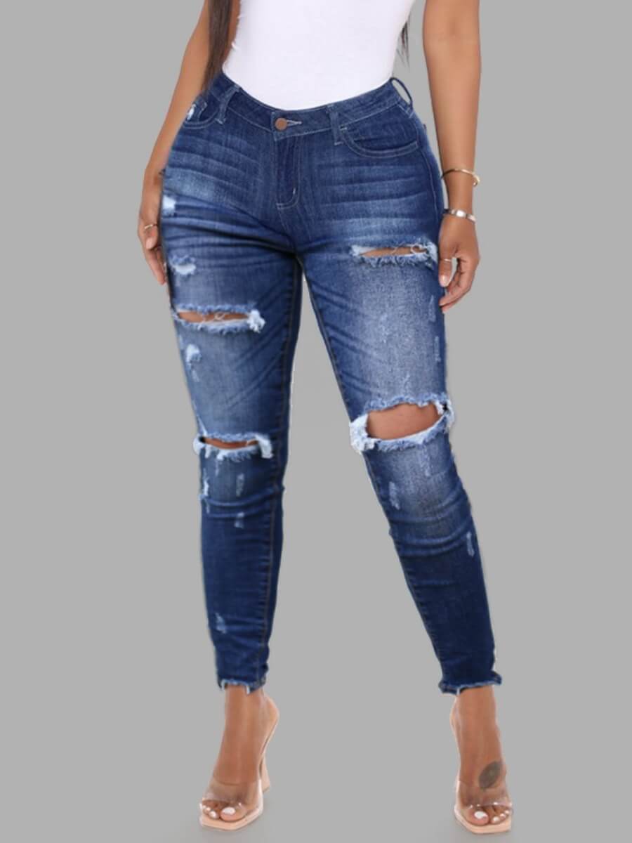 

Lovely Casual High-waisted Broken Holes Blue Jeans