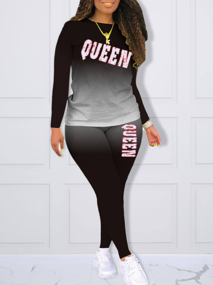

LW Plus Size Gradient Letter Print Pants Set, Black
