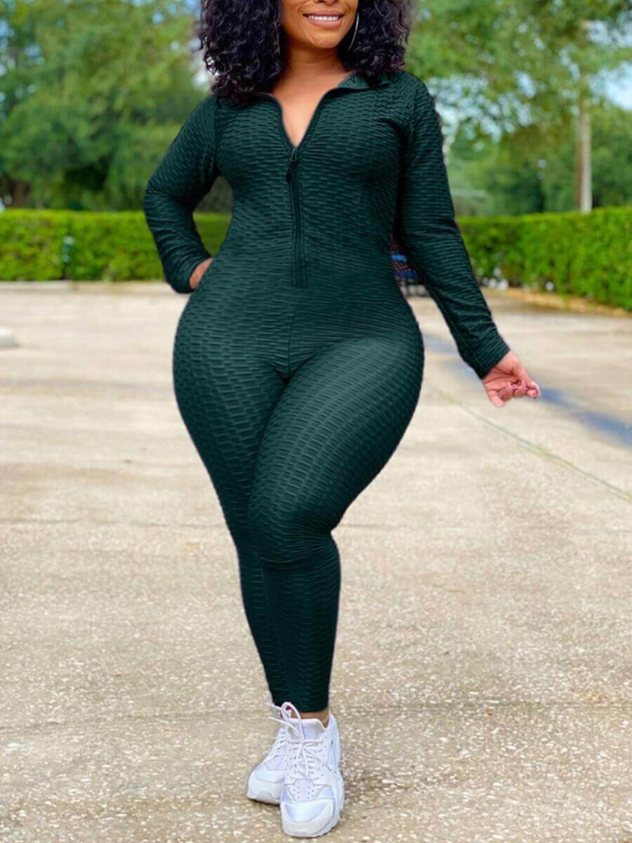

Lovely Sportswear Turndown Collar Zipper Design Green Plus Size One-piece Jumpsuit