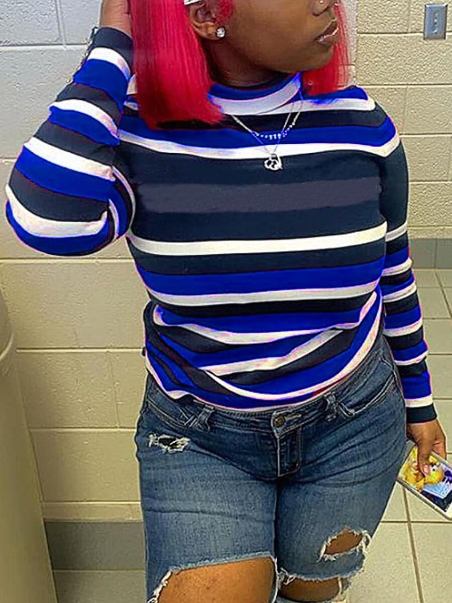 

Lovely Street Striped Patchwork Blue Plus Size T-shirt