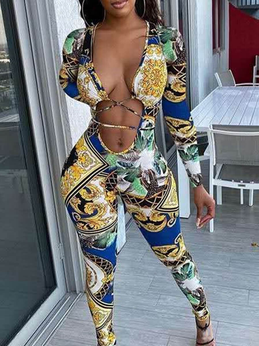 

Lovely Sexy Print Bandage Hollow-out Design Multicolor One-piece Jumpsuit, Multi