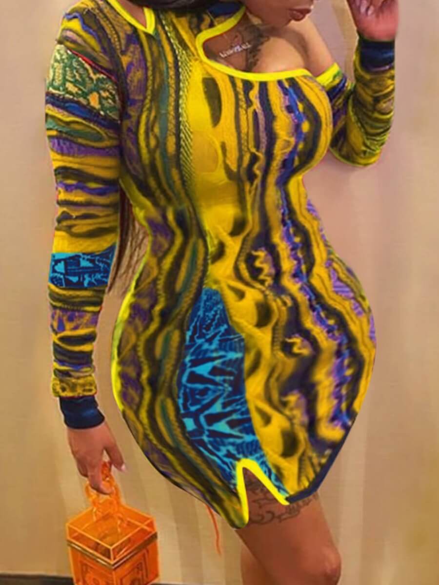 

Lovely Chic Hollow-out Print Patchwork Yellow Mini Plus Size Dress