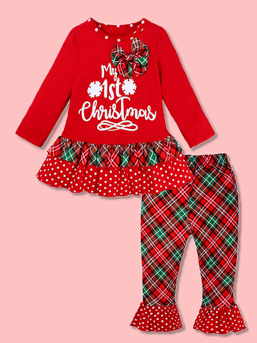 

Lovely Trendy Christmas Day Letter Print Red Girl Two Piece Pants Set