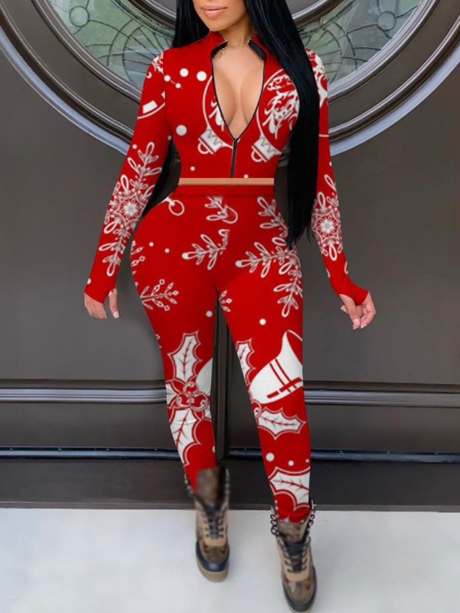 

Lovely Stylish Christmas Day Print Red Two Piece Pants Set