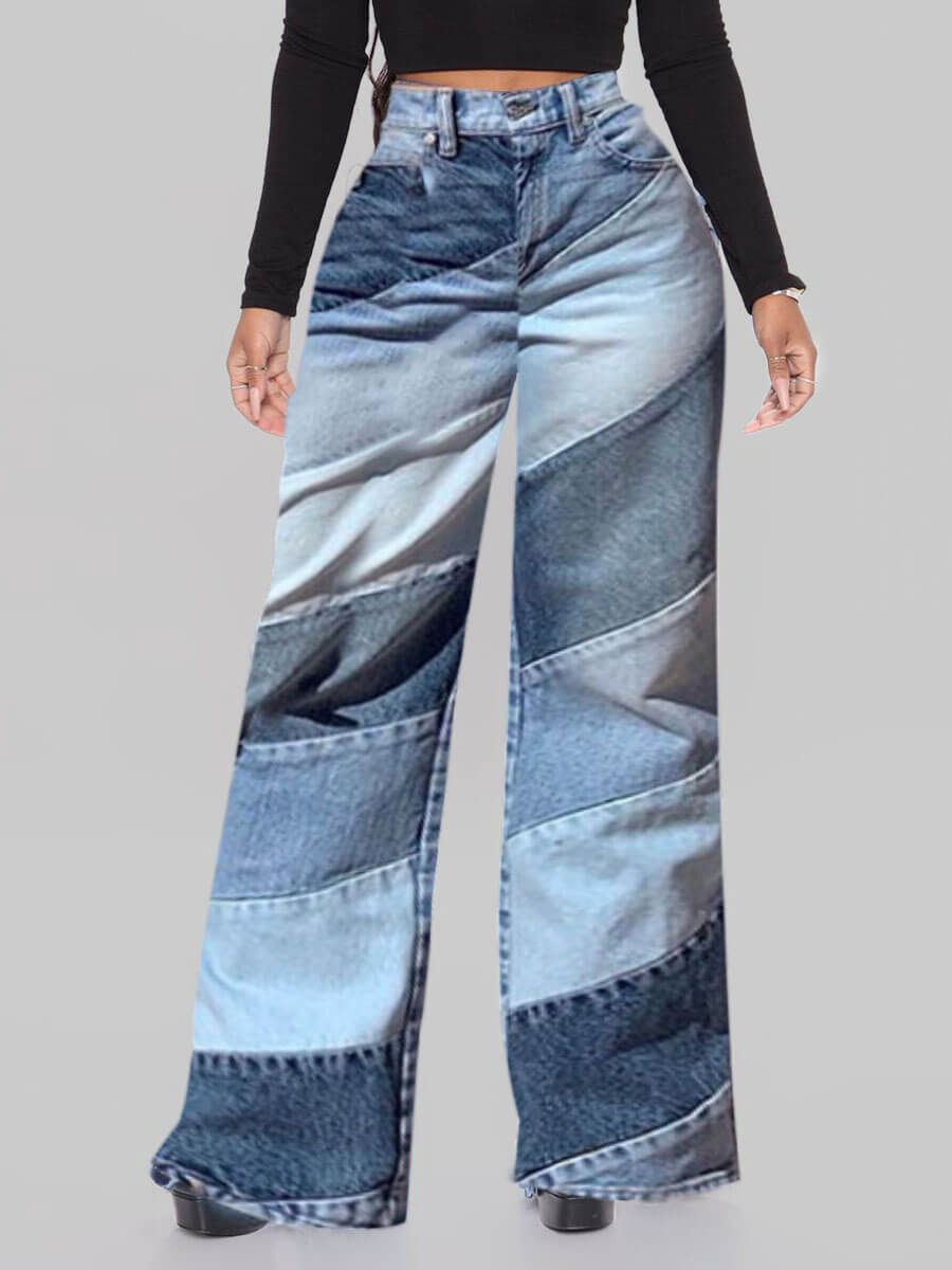 

Lovely Street Patchwork Loose Blue Jeans